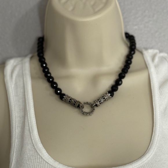 Vintage Black Onyx & Sterling Silver Marcasite Clasp Bail Necklace 8.5" Long - Picture 13 of 13